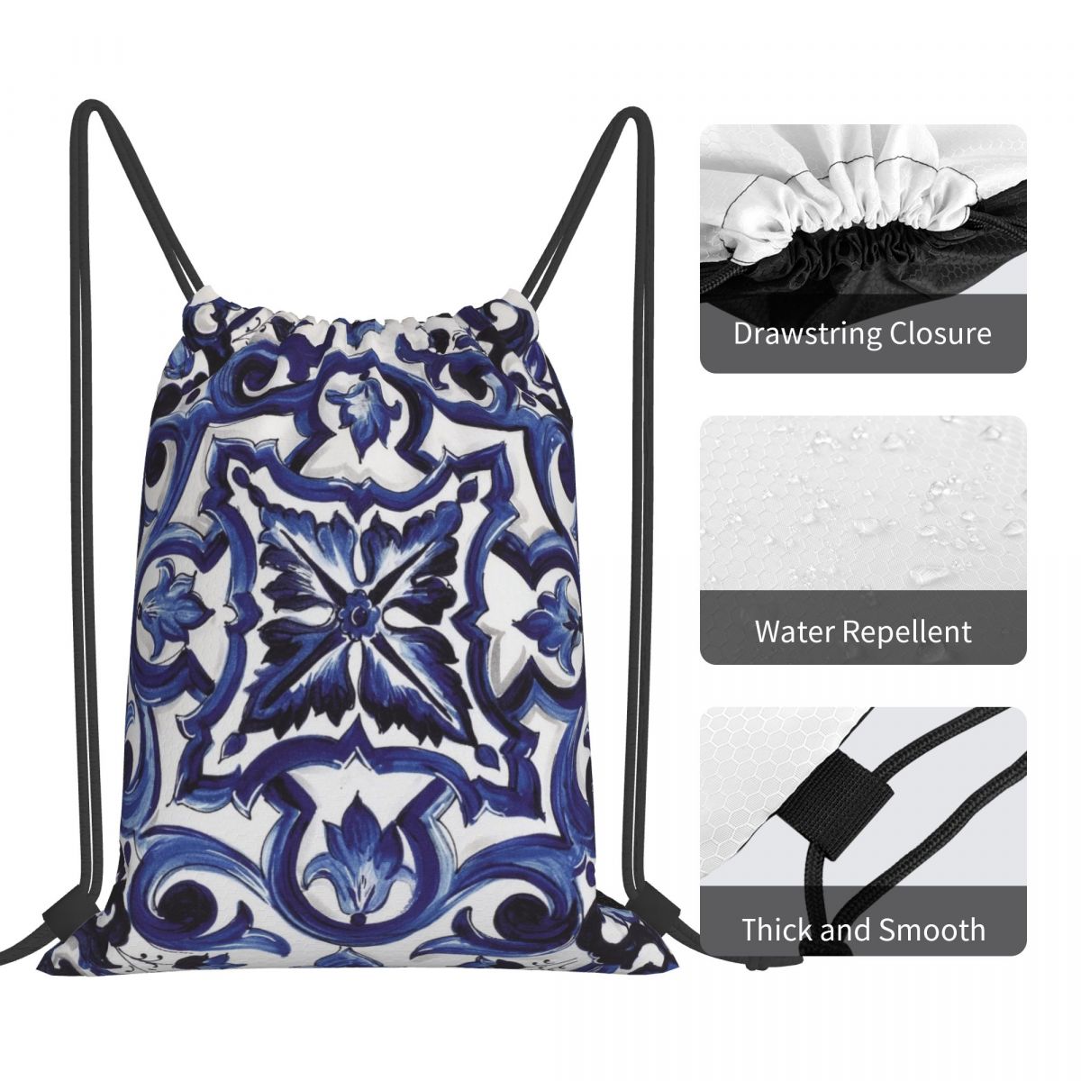 Blue Ornate Floral Mediterrane - огляд і ціна Tile Bag Drawstring